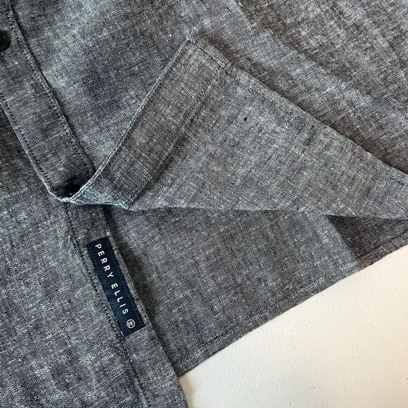 Perry Ellis Shirt Mens XL Blue Dark Sapphire Linen Blend Short Sleeve Button Up - Picture 5 of 12
